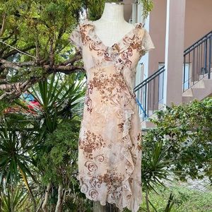 Vintage 90s Cream and Brown Floral Fairy Midi Dress